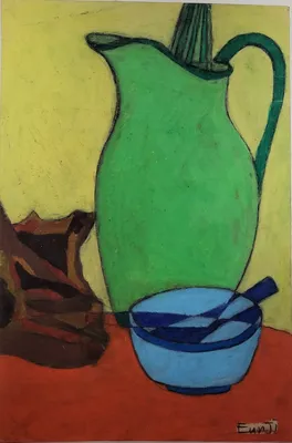 이 은지, 연두색 저그와 하늘색 절구공이 있는 정물, 2008