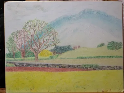 이 은지, 유채밭 위에 한옥뒤 산이 있는 자연풍경, 2010